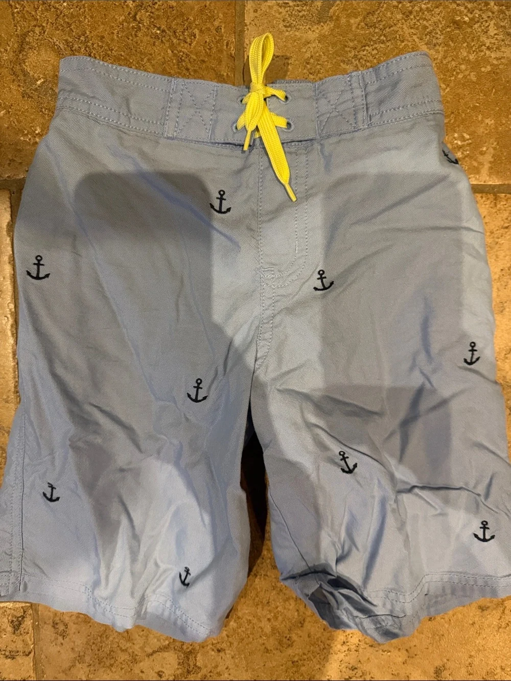 Janie and Jack Light Blue Anchor Swim Trunks with Yellow Drawstring